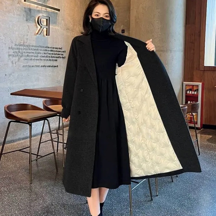black white duck down coat women‘s 2024 autumn and winter korean-style double-breasted mid-length warm woolen down jacket overcoat women