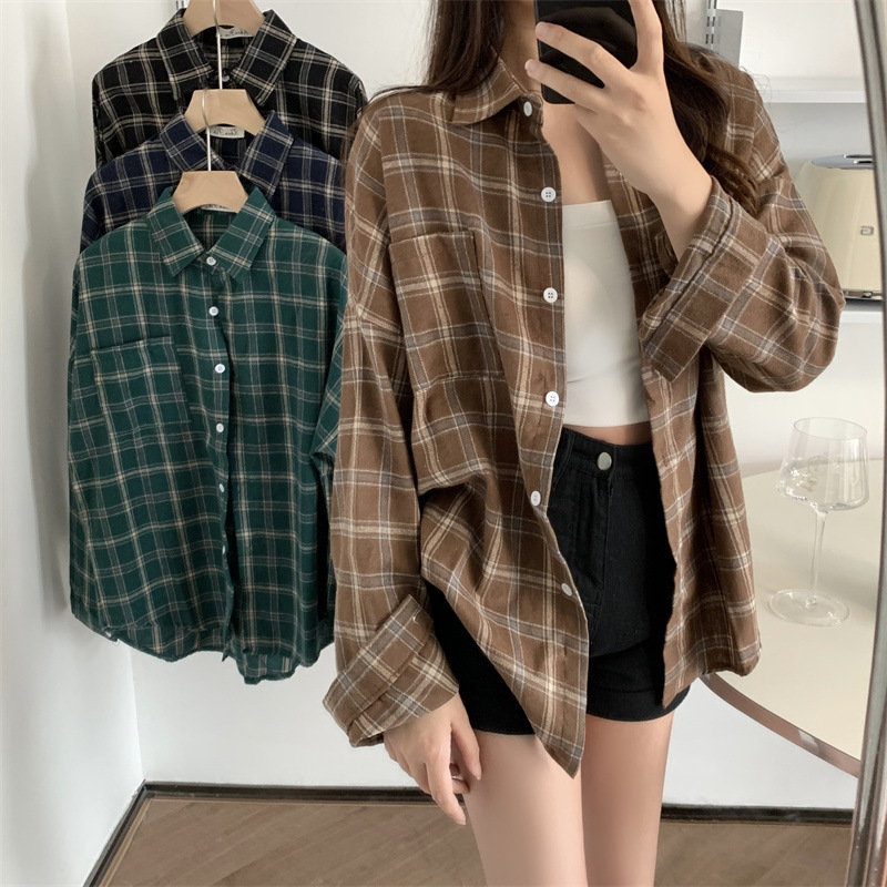2023早春新款复古格子衬衫女韩版宽松百搭学生港味衬衣外套潮ins