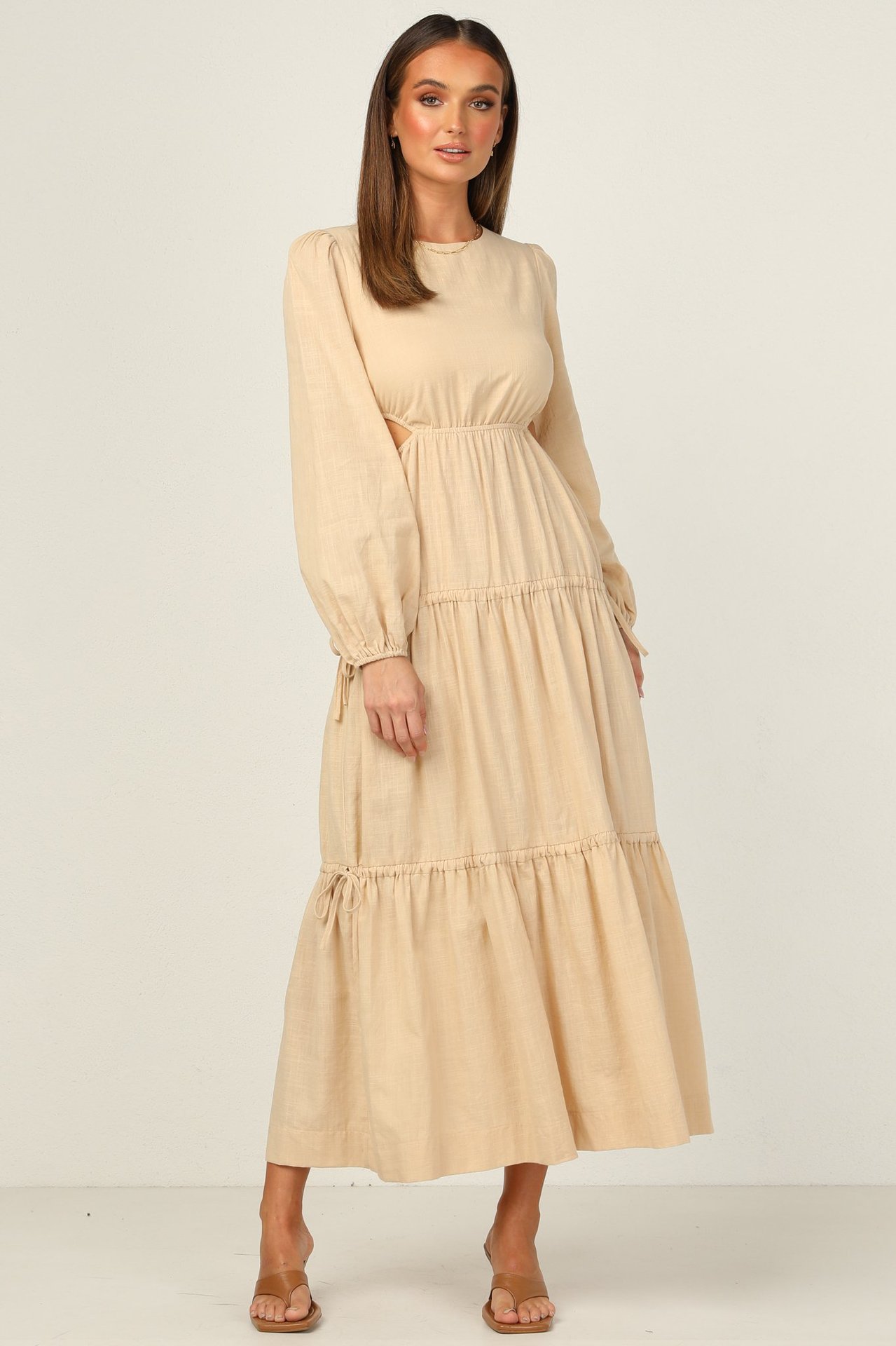 欧美风气质简约圆领拼接绑带饰全棉露腰连衣裙美式新款外贸长裙女