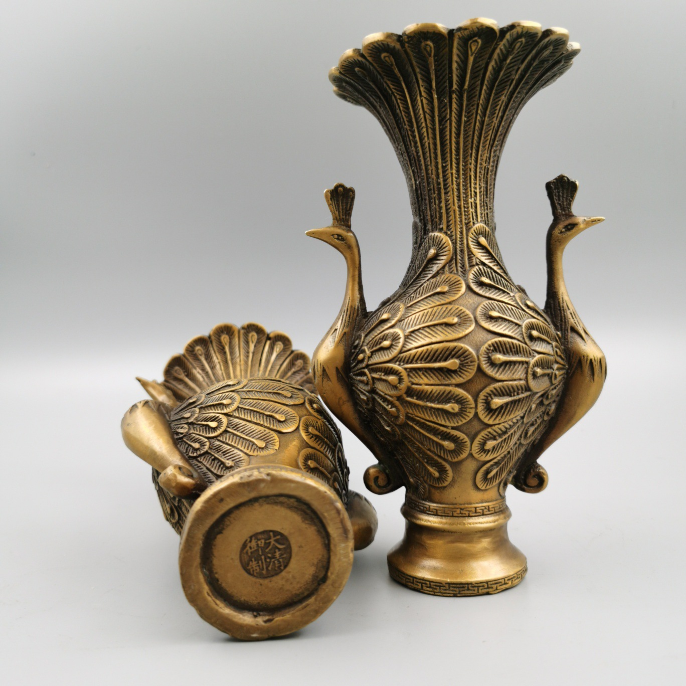 批发古玩杂项仿古铜花瓶古玩收藏批发 黄铜孔雀花瓶摆件工艺品