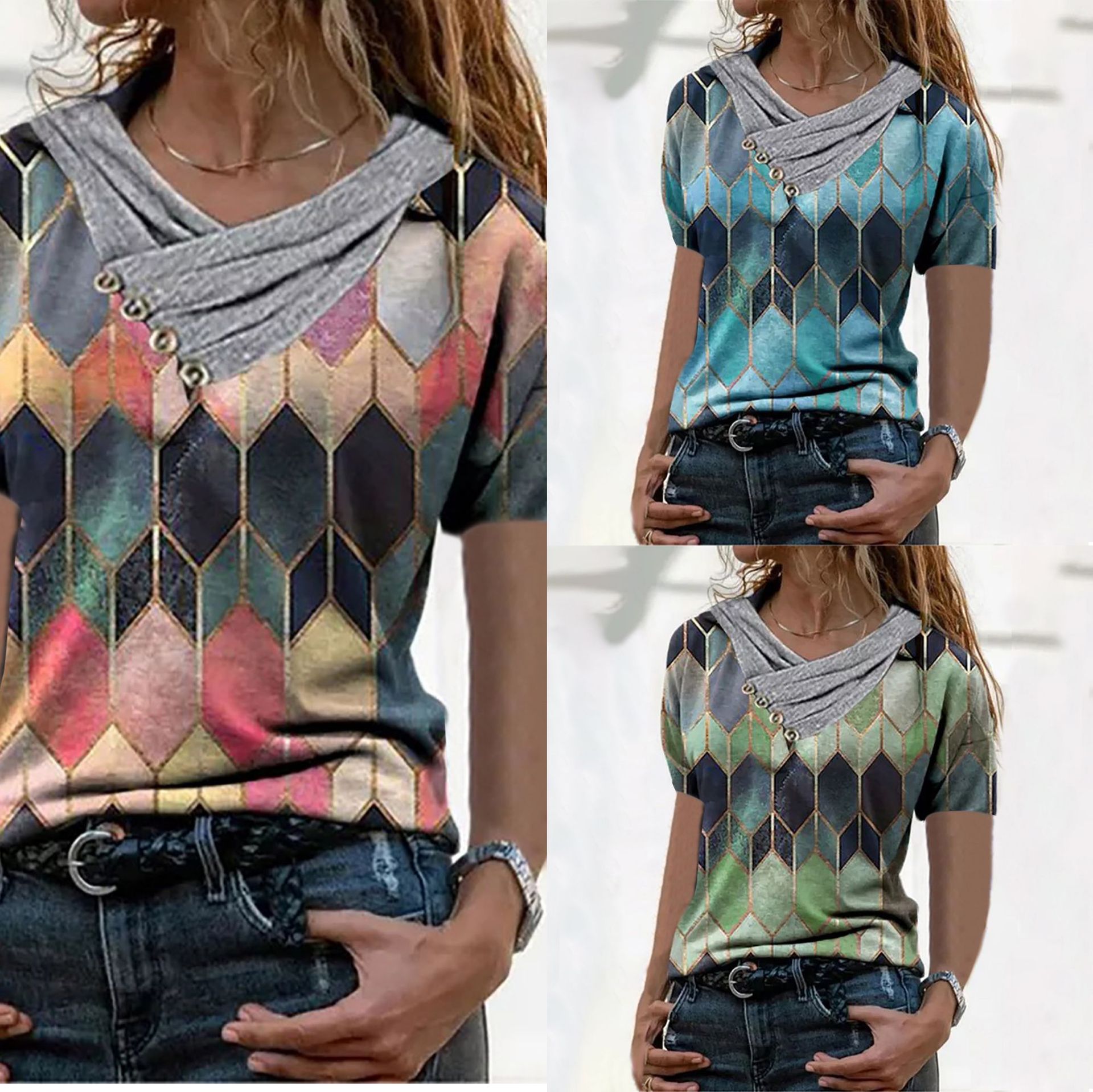 春夏新款wish跨境女装V领拼色上衣T恤