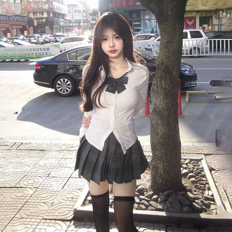 美拉德jk制服套装长袖衬衫格裙纯欲全套秋冬季内搭衬衣女收腰上衣