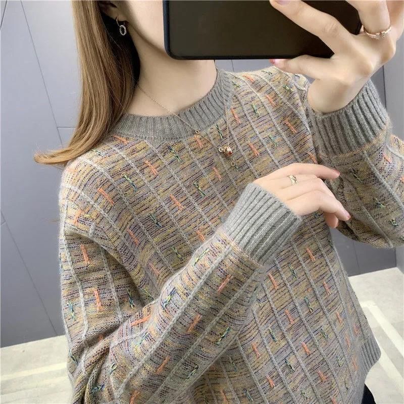 包邮秋冬2021新款套头拼色宽松毛衣女外穿韩版复古条纹百搭打底针