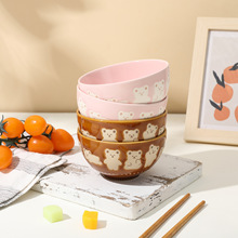 日式卡通小熊陶瓷碗家用米饭碗可爱粉色小熊浮雕碗釉下彩小圆碗