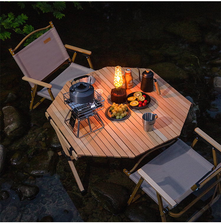 Spot Octagonal Egg Roll Table Outdoor Folding Tables and Chairs Set Portable Camping Solid Wood Barbecue Folding Table and Chair