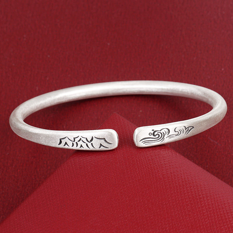 s999纯银山盟海誓古法银镯子女款开口磨砂足银手镯银饰批发无郑州