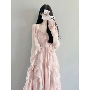 长款连衣裙温柔风连衣裙吊带仙女裙感甜美气质裙子披肩两件套