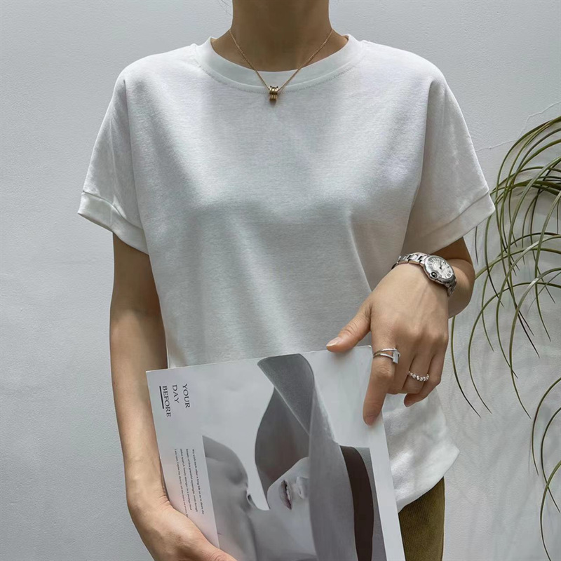 Loose Large Version Threaded Cotton round Neck Short Sleeve T-shirt Female 2023 High Elastic Bottoming Top Counter Quality Soft Glutinous Skin-Friendly