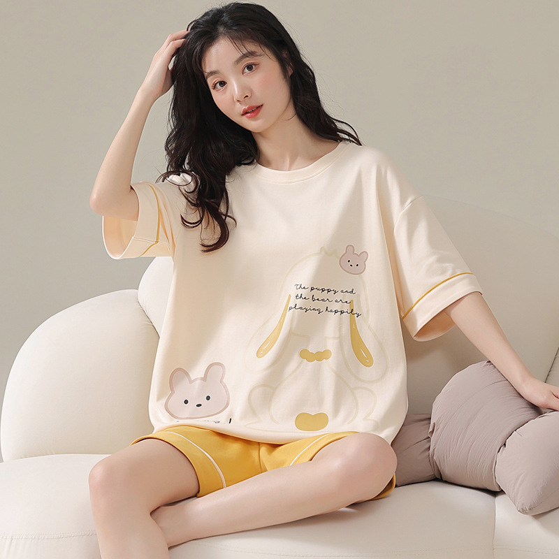 2023 New Pajamas Women's Summer Thin Pure Cotton Short Sleeve Short Belt Chest Pad Simple Outerwear Homewear Suit