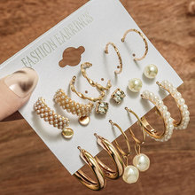 欧美跨境新款镶嵌珍珠女士耳环 创意法式复古金色耳圈套装9件套