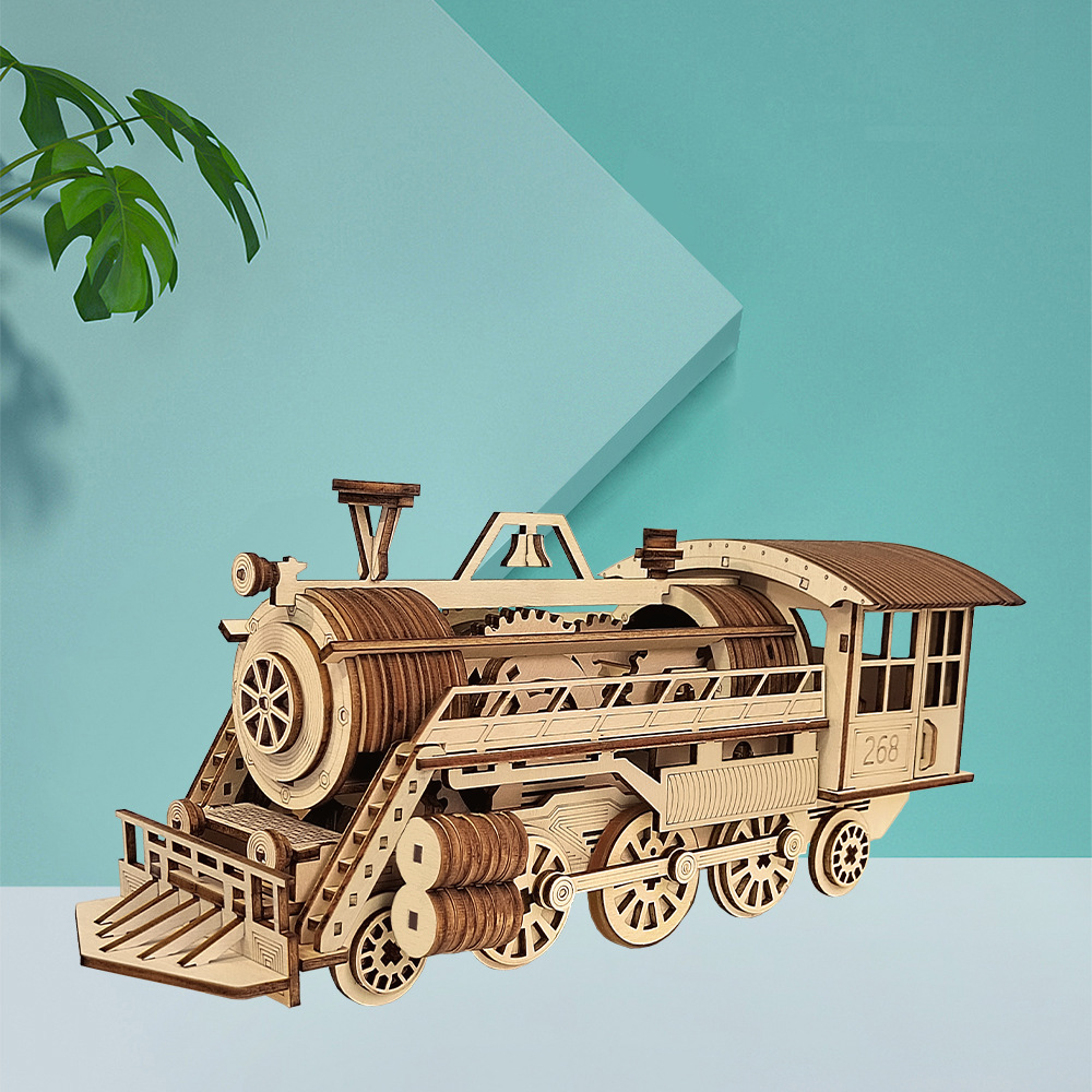 创意diy蒸汽火车木质3d立体拼图解压手工拼装模型益智玩具批发