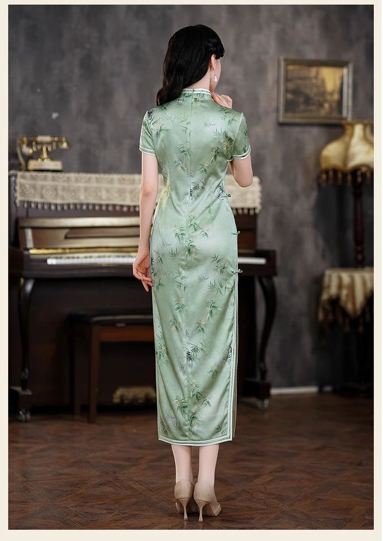 正品真丝桑蚕丝旗袍裙长款复古洋气年轻气质高贵典雅日常修身款夏