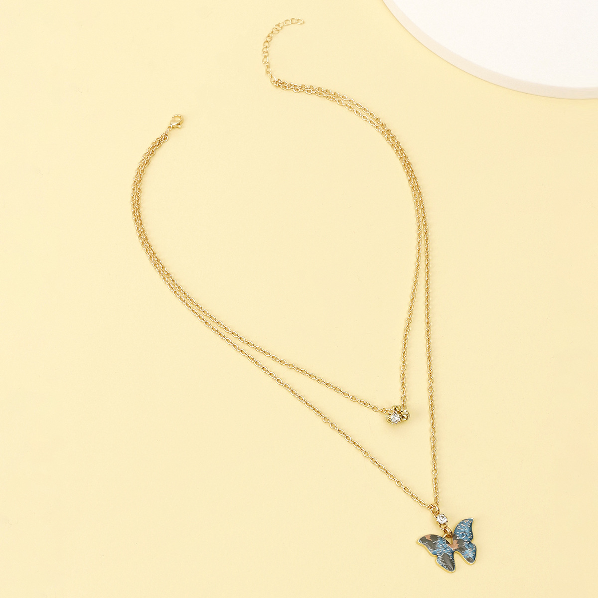 外贸新款双层蝴蝶项链 欧美时尚镶钻花朵彩色蝴蝶吊坠分层项饰女