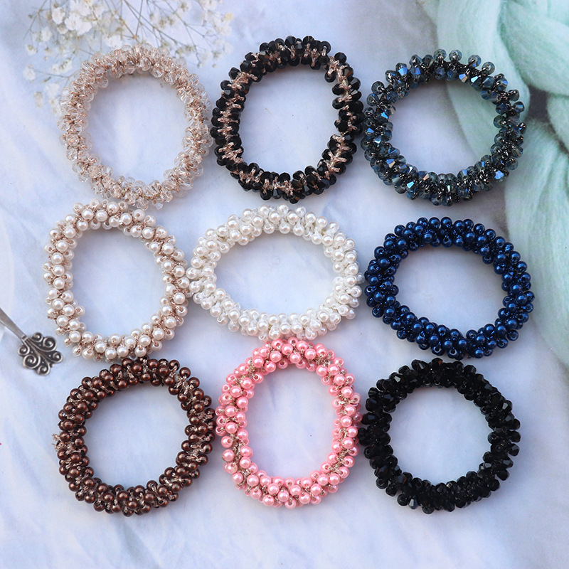 Korean Hair Accessories Hand-Woven Fashion Pearl Hair Rope Back Head Tie Ponytail Bandeau Crystal Rubber Band Children's Bracelet