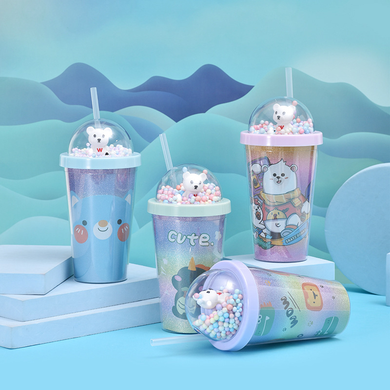 Cute Pet Cute Bear Children's Plastic Cup Outdoor Portable Men's and Women's Student Straw Cup Arc Cover Double Layer Gift Cup