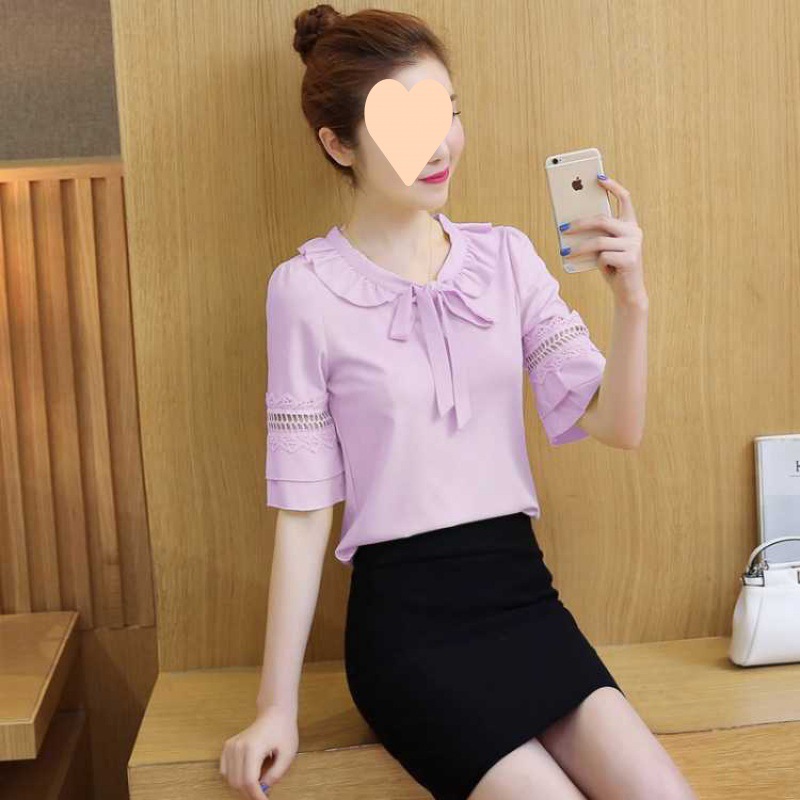 女士小衫雪纺衫潮2024荷叶边上衣中袖雪纺衬衫女喇叭袖娃娃领上衣