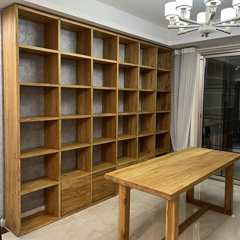 老榆木书架松木书架家用 客厅落地实木整面墙书柜 满墙书架格子架