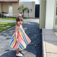 夏季新款裙子女童宝宝吊带裙彩虹印花裙沙滩裙