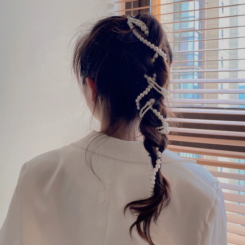 Same Style as Yang Chaoyue Hair Accessories Pearl Hair Band Tassel Braided Hair Ribbon Female Summer Tie-up Hair Chain Bow Barrettes