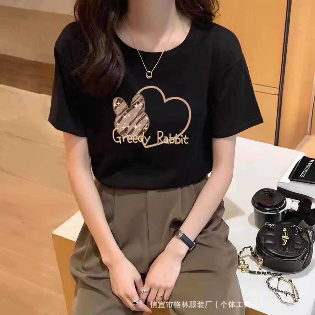 爆款正肩纯棉短袖t恤女夏季百搭ins新款印花时尚洋气显瘦体恤上衣