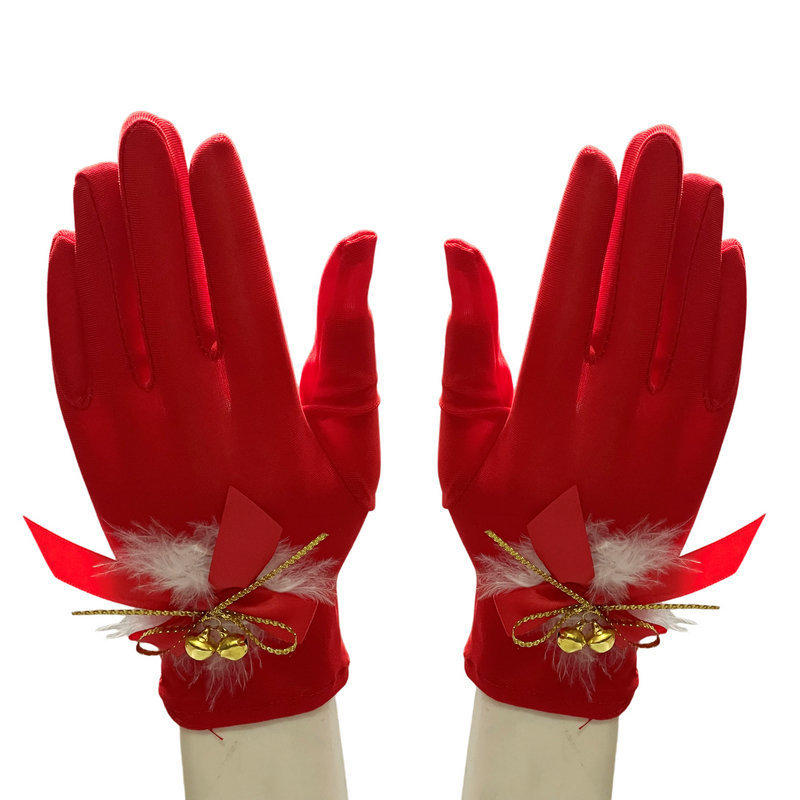 圣诞蝴蝶结手套金丝绒手套cosplay圣诞节红色天鹅绒羽毛铃铛手套