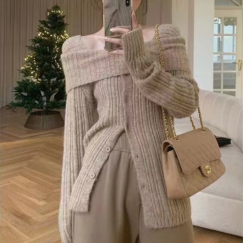 韩版不规则港风加厚针织打底衫女秋季一字肩衣外搭针织小坎肩上衣