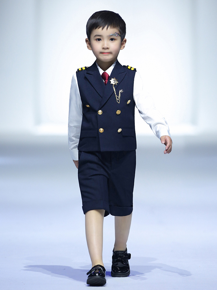 儿童西装套装短袖小西服帅气英伦夏季马甲礼服男童主持走秀演出服