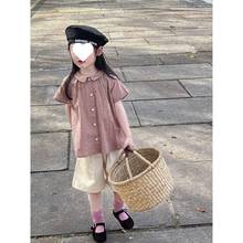 女童韩系格子娃娃领衬衫2024夏季新款洋气宝宝短袖上衣儿童衬衣潮