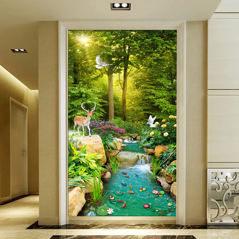 8d立体山水画玄关5d墙布壁纸竖版瀑布墙纸流水招财壁画客厅壁画布