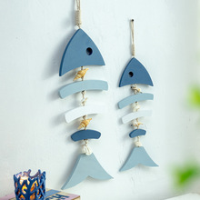 K532批发地中海风格木质蓝白鱼串挂件海洋风家居装饰品蓝白小鱼墙