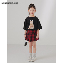 nanokids 24女童夏装猫咪印花短袖T恤+格子百褶裙儿童百搭半身裙