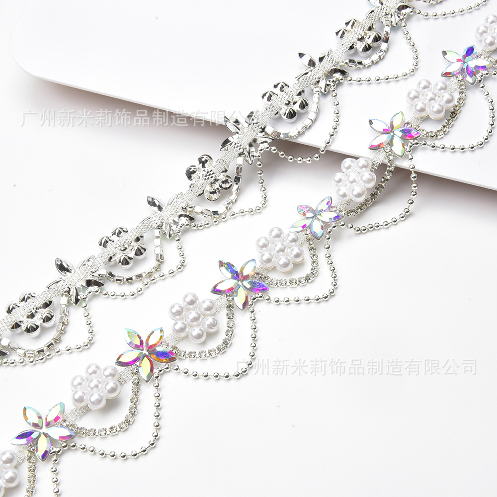 厂家批发 珍珠花朵流苏链烧焊水钻花链条diy项链饰品配件服装水晶