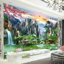 新中式山水风景壁画客厅沙发电视背景自粘墙贴卧室防水墙上装饰自
