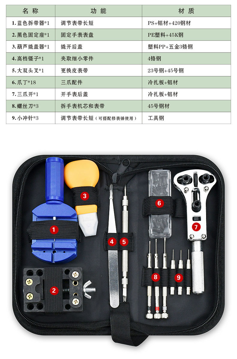 实用型 修表工具 手表维修工具包 工具套装 拆表带器 开底器