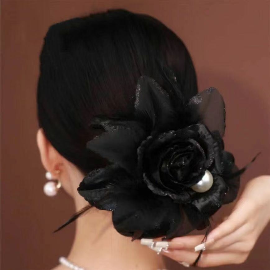 新款大号头花夸张气质高贵发圈布艺超大花朵黑玫瑰头饰女发饰发绳