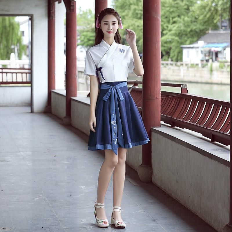 改良汉服女夏日常短袖招财猫汉服绣花交领短裙古装汉元素学生套装