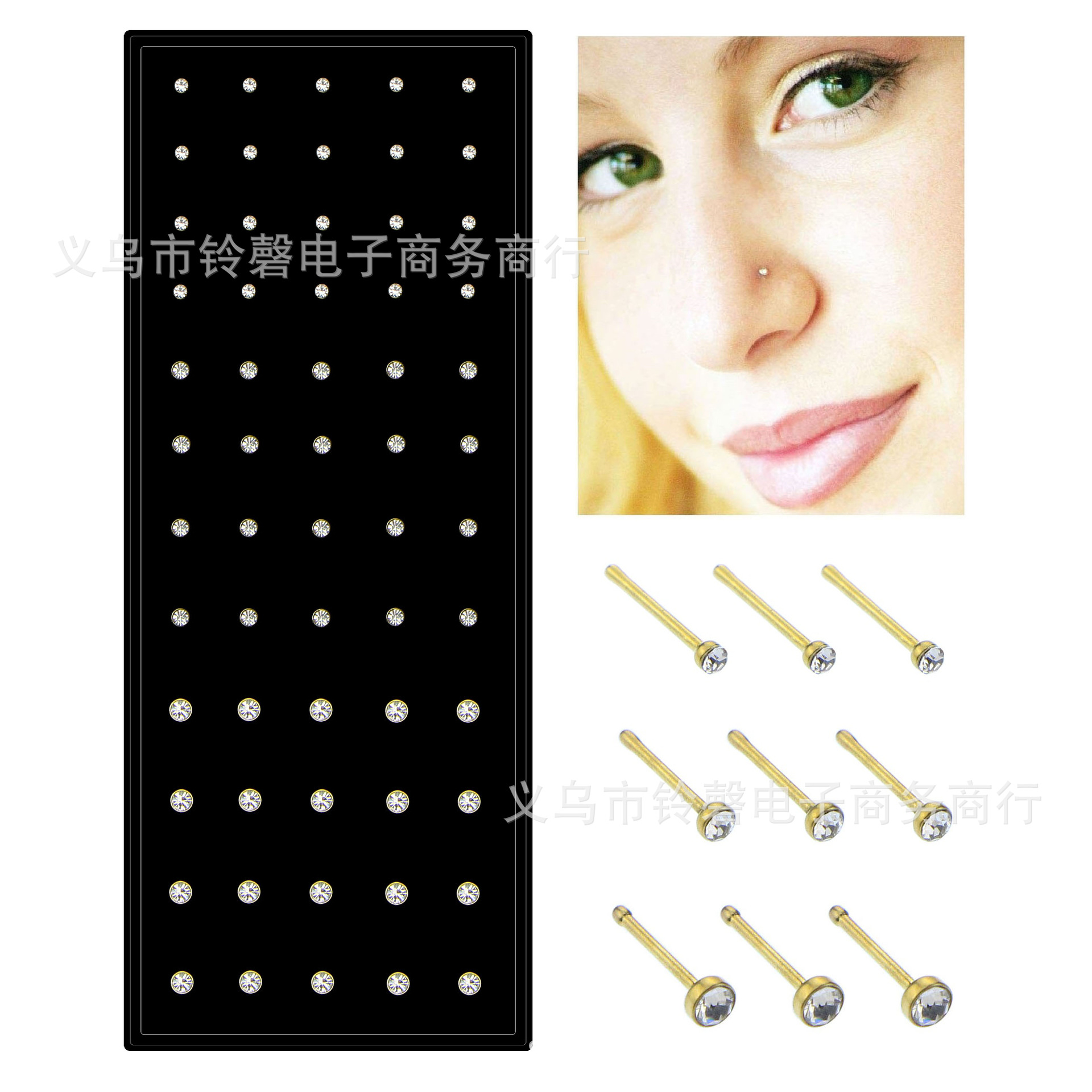 factory 60 boxed golden nose nails 1.5/2/2.5mm nose nails stainless steel diamond-embedded 100.00cm-inch nose stud