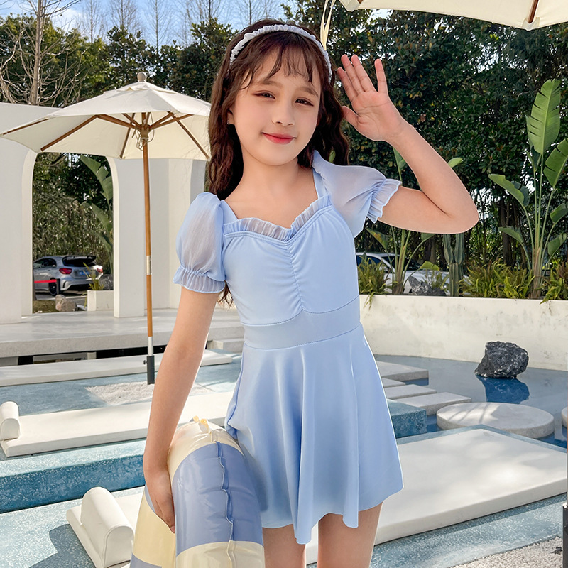 Children's Swimsuit Summer Princess Style Fashion Korean Style Girls' One-Piece Dress Children Women's Clothing Student Puff Sleeve