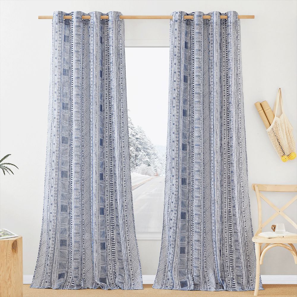 外贸打环竹节纱窗帘亚马逊跨境专供印花窗帘蓝色波西米亚花型