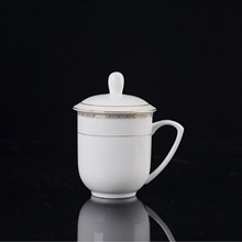 热卖送礼杯景德镇陶瓷茶具带盖手工描金水杯会议杯骨瓷茶具白瓷杯