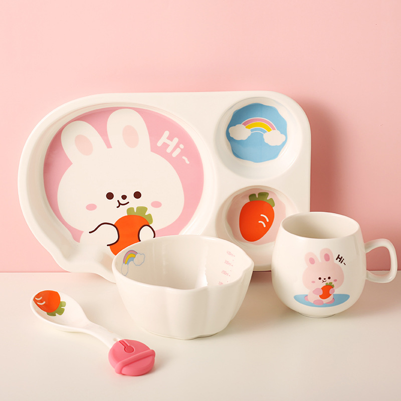 Ceramic Tableware Set Cute Rabbit Children‘s Dinner Plate One Person Cup Bowl Creative Compartment Tray Breakfast Plate