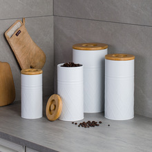 跨境套装竹盖密封罐 金属网纹白储物盒厨房面粉咖啡豆糖茶包收纳