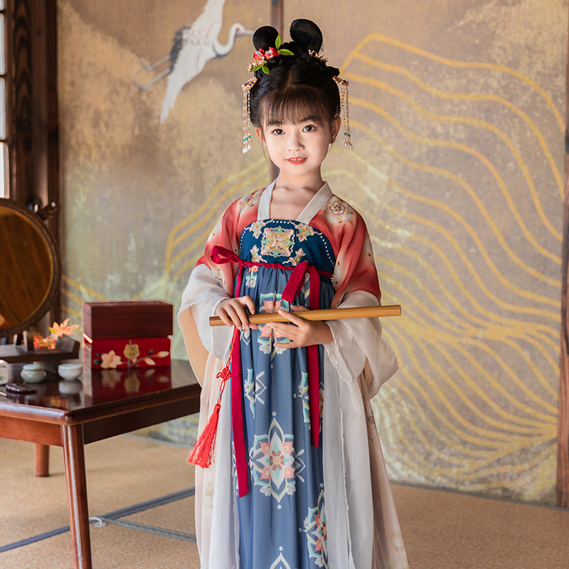 女童秋季新款中国古风超仙汉服公主连衣裙长袖刺绣印花