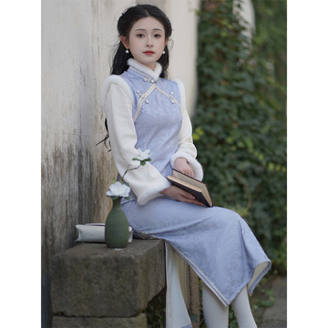 温婉气质蓝色倒大袖加绒旗袍2023冬季复古民国风少女清冷感连衣裙