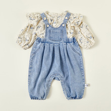 宝宝套装秋装女宝宝牛仔背带连体裤婴幼儿衣服甜美碎花衬衫两件套