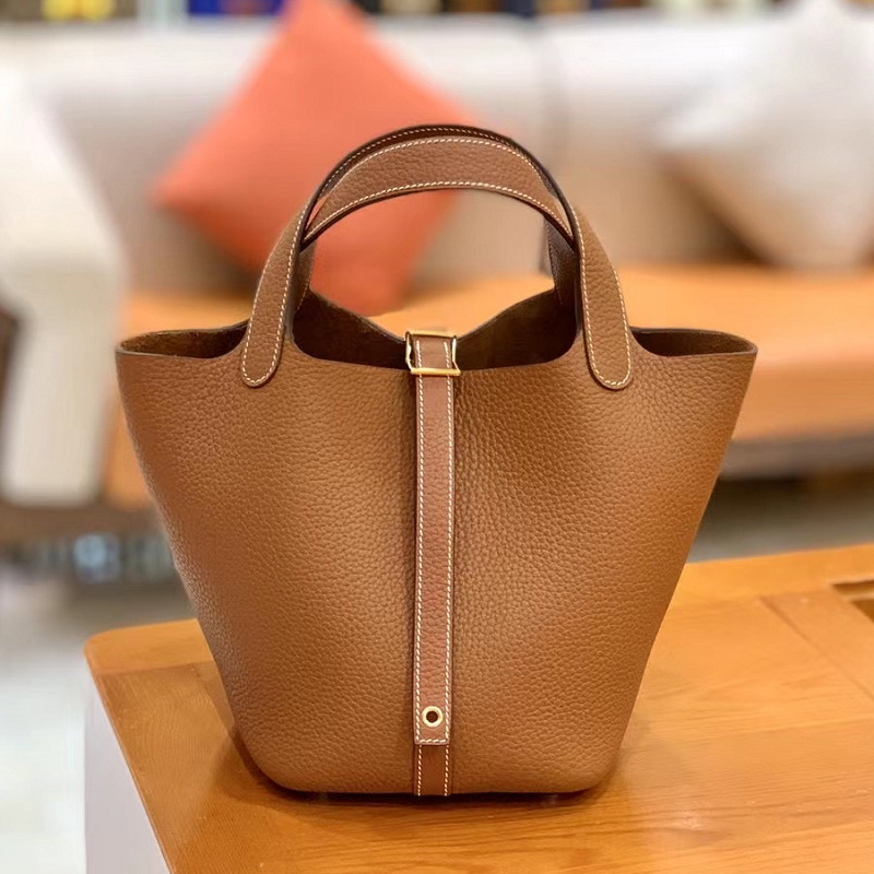 纯手工蜡线缝制tc皮菜篮子真皮水桶包18/22cm手提包奢侈品女包