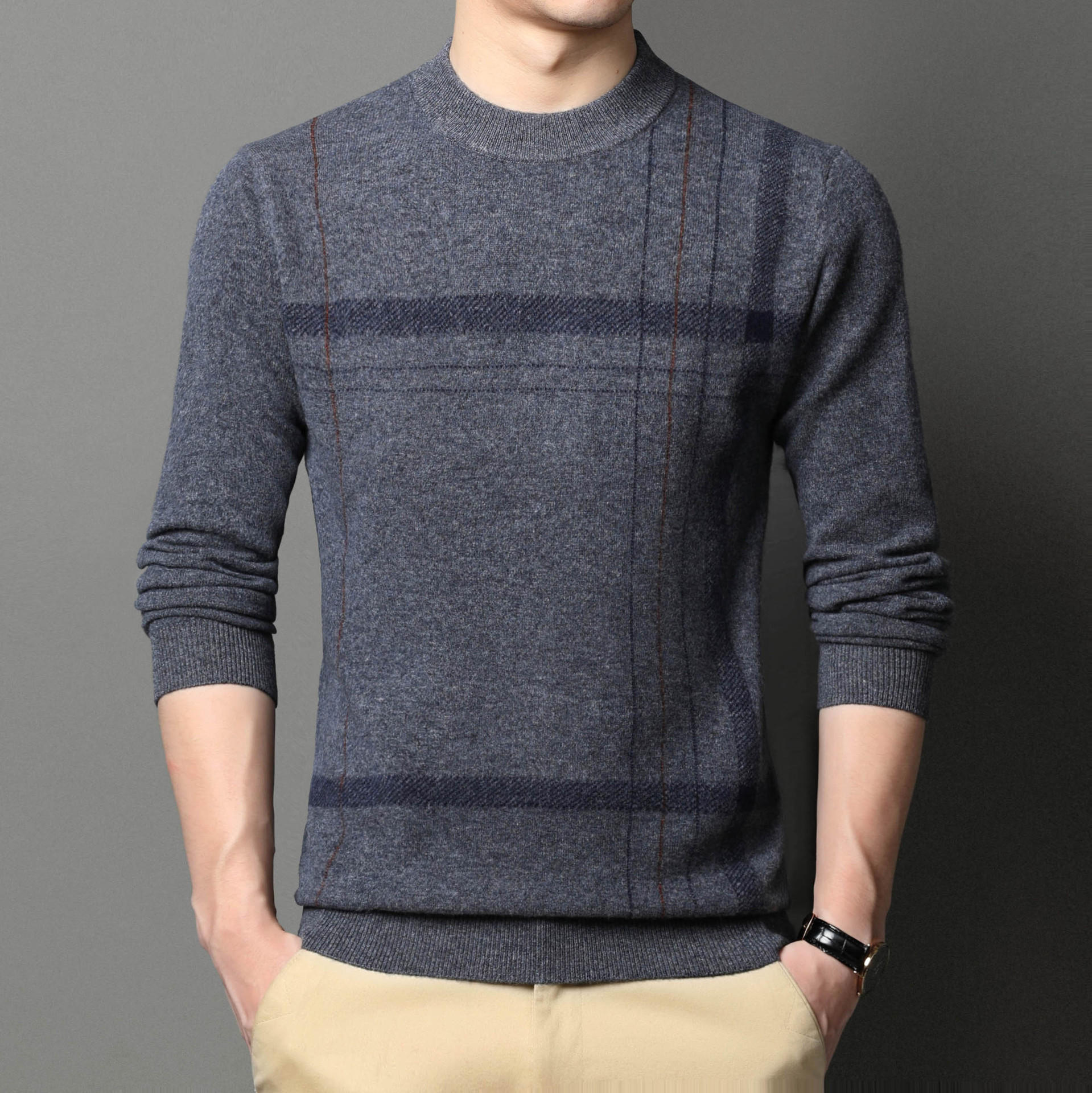 全羊毛男士圆领毛衣100纯羊毛中年商务款条纹打底衫套头羊毛衫男