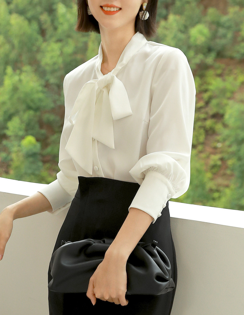 百姿秋季新品潮流蝴蝶结飘带女式衬衫通勤风纯色开衫圆领系带上衣详情1