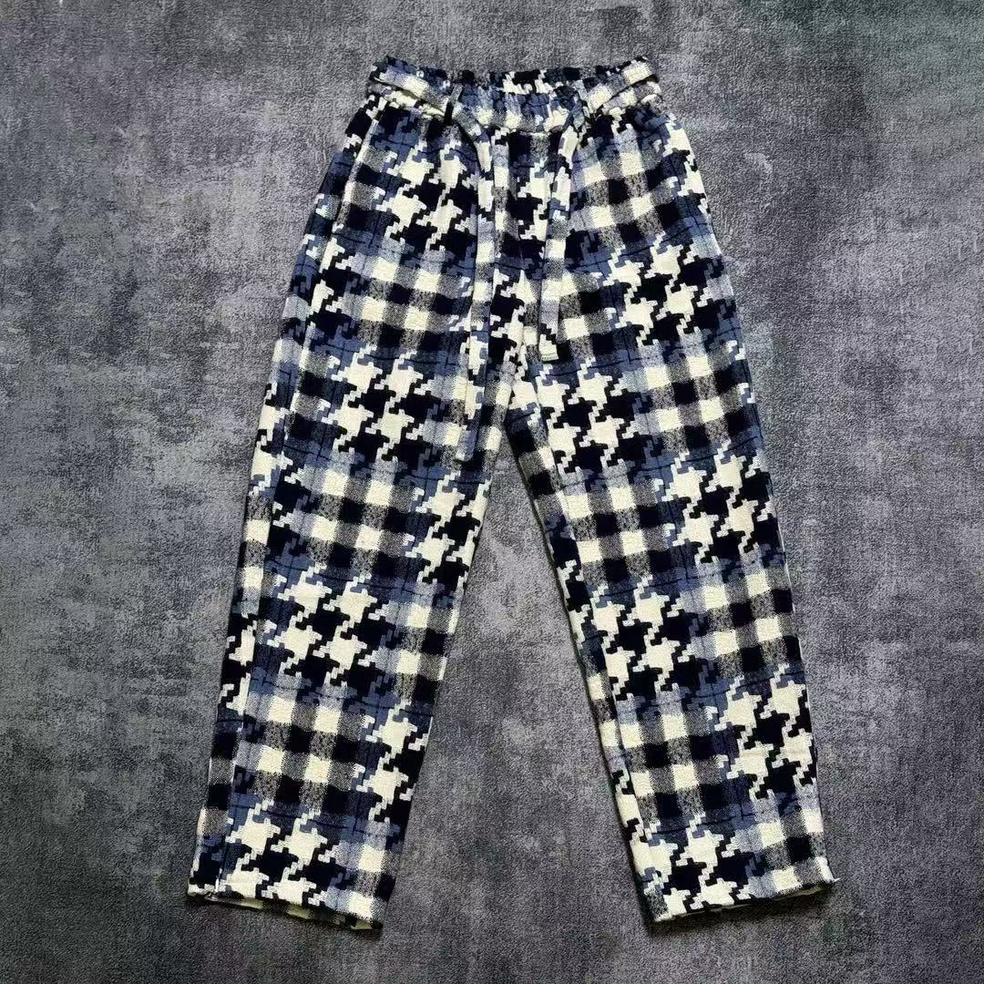 美式复古秋冬新款时尚潮流裤子宽松混纺保暖加厚格子长裤休闲裤