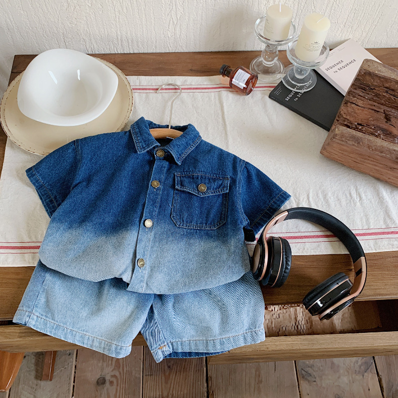 Accent Trendy Match Children's Summer Clothing Boys Denim Suit 2023 Summer New Gradient Color Shirt Shorts Two-Piece Set